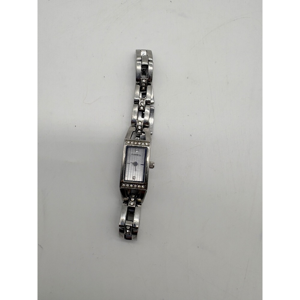 Fossil Womens Silver Tone Crystal Stainless Steel Watch Rectangle Need Battery
